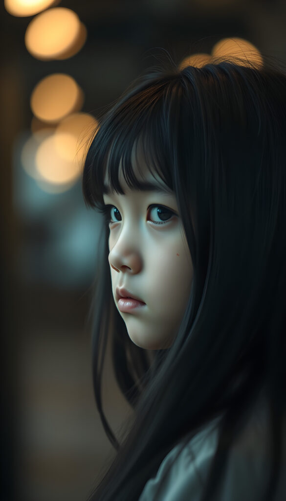 an artistic image shows a young girl with long black hair looks at the viewer. She looks very sad, side view