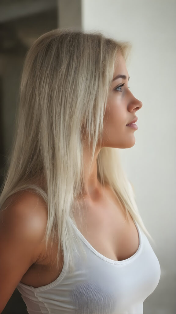 (((an hyper-realistic, highly-detailed, vivid full body ((profile)) photo in 8k resolution, with warm glowing highlights and soft, diffused lighting, backlit))) of a cute, innocent and beautiful young Latina girl, with long, straight soft white hair, (fair skin), a (natural tan glow) from the sun, wearing a (white sport tank top), that brings out her (natural-toned legs). Her pose is (stunningly beautiful), with (perfect anatomy) and (hyper-realistic, detailed hands and fingers) that exude (charming cuteness). The image exudes (soft, diffused light) that gives off (warm, glowing highlights) and (dramatic, diffused shadows) that make her face and body (visible, contrasted against the natural-toned skin) in a (vivid, vibrant and dynamic full body photo), with (dynamic composition and movement) that brings out her (best features)