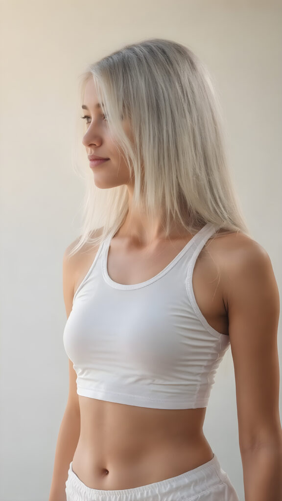 (((an hyper-realistic, highly-detailed, vivid full body ((profile)) photo in 8k resolution, with warm glowing highlights and soft, diffused lighting, backlit))) of a cute, innocent and beautiful young Latina girl, with long, straight soft white hair, (fair skin), a (natural tan glow) from the sun, wearing a (white sport tank top), that brings out her (natural-toned legs). Her pose is (stunningly beautiful), with (perfect anatomy) and (hyper-realistic, detailed hands and fingers) that exude (charming cuteness). The image exudes (soft, diffused light) that gives off (warm, glowing highlights) and (dramatic, diffused shadows) that make her face and body (visible, contrasted against the natural-toned skin) in a (vivid, vibrant and dynamic full body photo), with (dynamic composition and movement) that brings out her (best features)