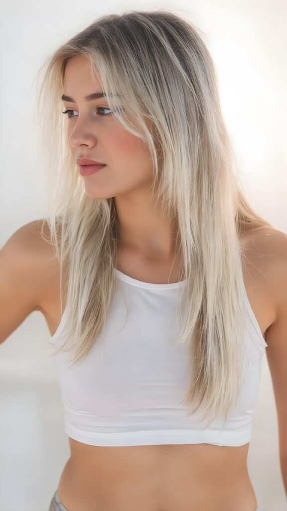 (((an hyper-realistic, highly-detailed, vivid full body ((profile)) photo in 8k resolution, with warm glowing highlights and soft, diffused lighting, backlit))) of a cute, innocent and beautiful young Latina girl, with long, straight soft white hair, (fair skin), a (natural tan glow) from the sun, wearing a (white sport tank top), that brings out her (natural-toned legs). Her pose is (stunningly beautiful), with (perfect anatomy) and (hyper-realistic, detailed hands and fingers) that exude (charming cuteness). The image exudes (soft, diffused light) that gives off (warm, glowing highlights) and (dramatic, diffused shadows) that make her face and body (visible, contrasted against the natural-toned skin) in a (vivid, vibrant and dynamic full body photo), with (dynamic composition and movement) that brings out her (best features)