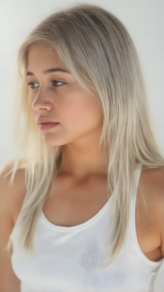 (((an hyper-realistic, highly-detailed, vivid full body ((profile)) photo in 8k resolution, with warm glowing highlights and soft, diffused lighting, backlit))) of a cute, innocent and beautiful young Latina girl, with long, straight soft white hair, (fair skin), a (natural tan glow) from the sun, wearing a (white sport tank top), that brings out her (natural-toned legs). Her pose is (stunningly beautiful), with (perfect anatomy) and (hyper-realistic, detailed hands and fingers) that exude (charming cuteness). The image exudes (soft, diffused light) that gives off (warm, glowing highlights) and (dramatic, diffused shadows) that make her face and body (visible, contrasted against the natural-toned skin) in a (vivid, vibrant and dynamic full body photo), with (dynamic composition and movement) that brings out her (best features)