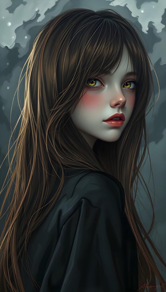 an illustrated teen emo girl with luxuriously long, flowing chestnut hair cascading like silk, set against a strikingly detailed backdrop of swirling gray clouds and ethereal shadows, capturing the light like droplets of rain, as her amber eyes, deep and expressive, reveal a haunting sadness that conveys the burden of unspoken stories. The scene is accentuated by delicate hints of vibrant crimson in her attire, dreamlike atmosphere. She is black dressed in a shirt.