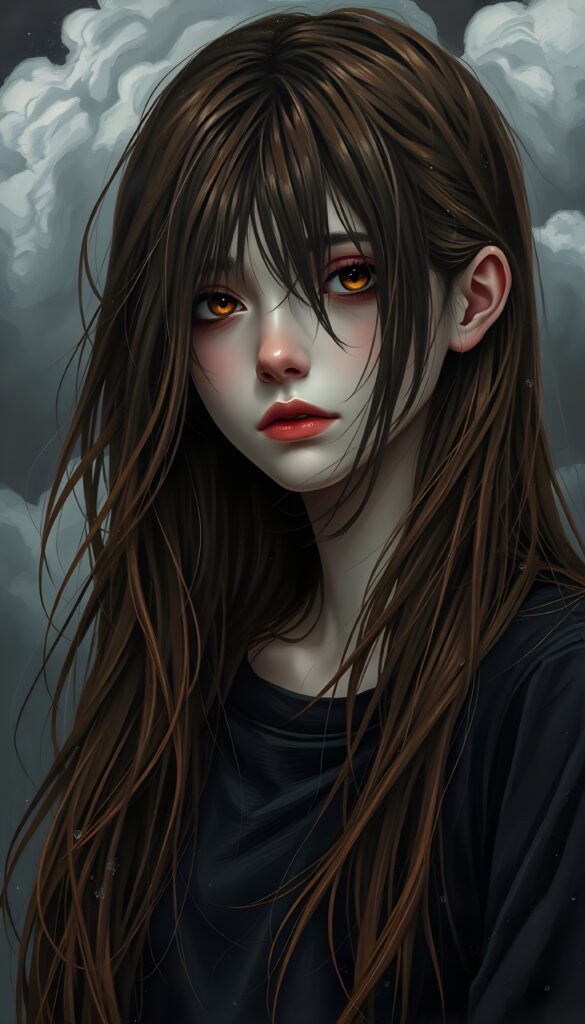 an illustrated teen emo girl with luxuriously long, flowing chestnut hair cascading like silk, set against a strikingly detailed backdrop of swirling gray clouds and ethereal shadows, capturing the light like droplets of rain, as her amber eyes, deep and expressive, reveal a haunting sadness that conveys the burden of unspoken stories. The scene is accentuated by delicate hints of vibrant crimson in her attire, dreamlike atmosphere. She is black dressed in a shirt.