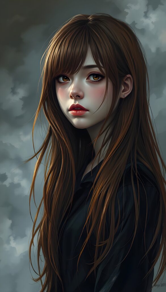 an illustrated teen emo girl with luxuriously long, flowing chestnut hair cascading like silk, set against a strikingly detailed backdrop of swirling gray clouds and ethereal shadows, capturing the light like droplets of rain, as her amber eyes, deep and expressive, reveal a haunting sadness that conveys the burden of unspoken stories. The scene is accentuated by delicate hints of vibrant crimson in her attire, dreamlike atmosphere. She is black dressed in a shirt.