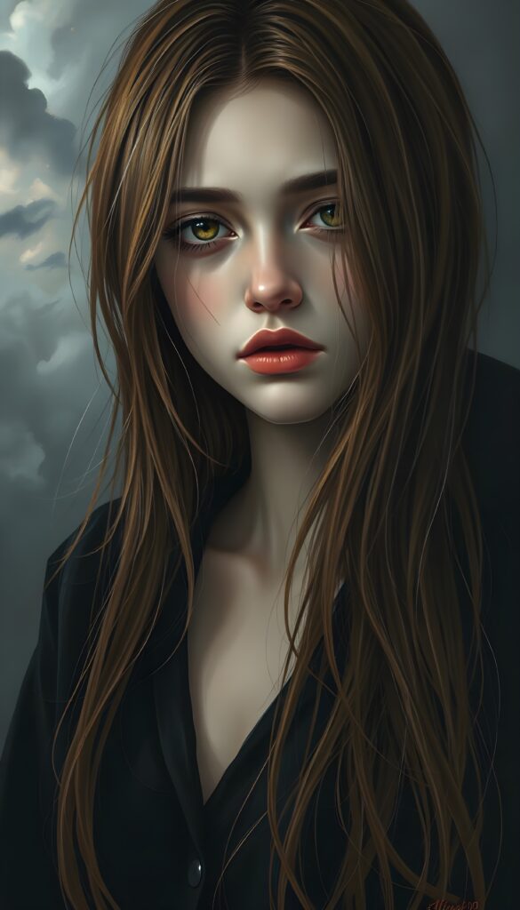 an illustrated teen emo girl with luxuriously long, flowing chestnut hair cascading like silk, set against a strikingly detailed backdrop of swirling gray clouds and ethereal shadows, capturing the light like droplets of rain, as her amber eyes, deep and expressive, reveal a haunting sadness that conveys the burden of unspoken stories. The scene is accentuated by delicate hints of vibrant crimson in her attire, dreamlike atmosphere. She is black dressed in a shirt.