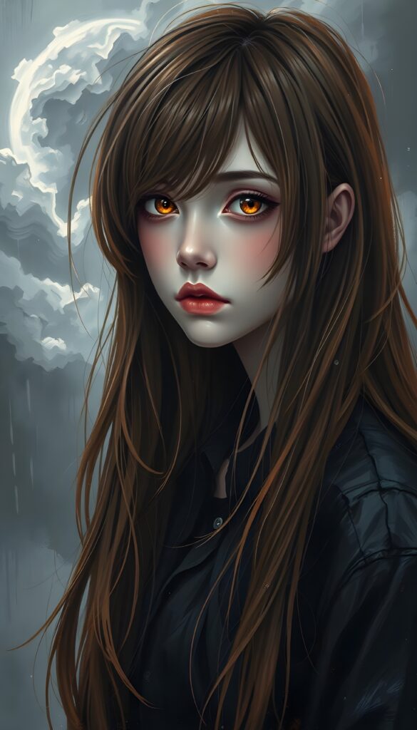 an illustrated teen emo girl with luxuriously long, flowing chestnut hair cascading like silk, set against a strikingly detailed backdrop of swirling gray clouds and ethereal shadows, capturing the light like droplets of rain, as her amber eyes, deep and expressive, reveal a haunting sadness that conveys the burden of unspoken stories. The scene is accentuated by delicate hints of vibrant crimson in her attire, dreamlike atmosphere. She is black dressed in a shirt.