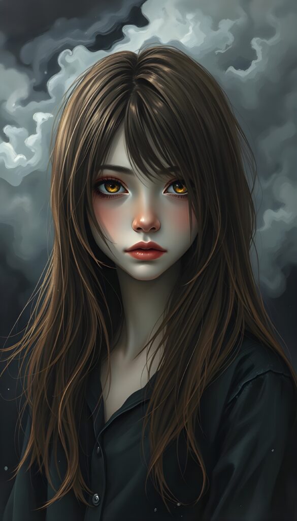 an illustrated teen emo girl with luxuriously long, flowing chestnut hair cascading like silk, set against a strikingly detailed backdrop of swirling gray clouds and ethereal shadows, capturing the light like droplets of rain, as her amber eyes, deep and expressive, reveal a haunting sadness that conveys the burden of unspoken stories. The scene is accentuated by delicate hints of vibrant crimson in her attire, dreamlike atmosphere. She is black dressed in a shirt.