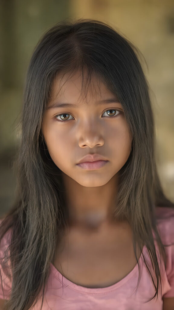 an indigenous young girl in a fantastic portrait, (super straight black long soft hair, she wears a thin T-shirt), all against a sunny backdrop