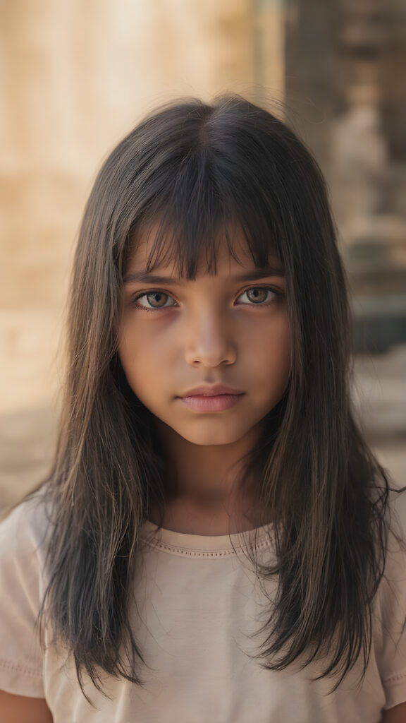an indigenous young girl in a fantastic portrait, (super straight black long soft hair, she wears a thin T-shirt), all against a sunny backdrop