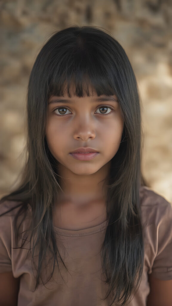 an indigenous young girl in a fantastic portrait, (super straight black long soft hair, she wears a thin T-shirt), all against a sunny backdrop