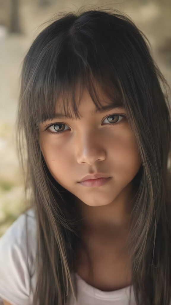 an indigenous young girl in a fantastic portrait, (super straight black long soft hair, she wears a thin T-shirt)