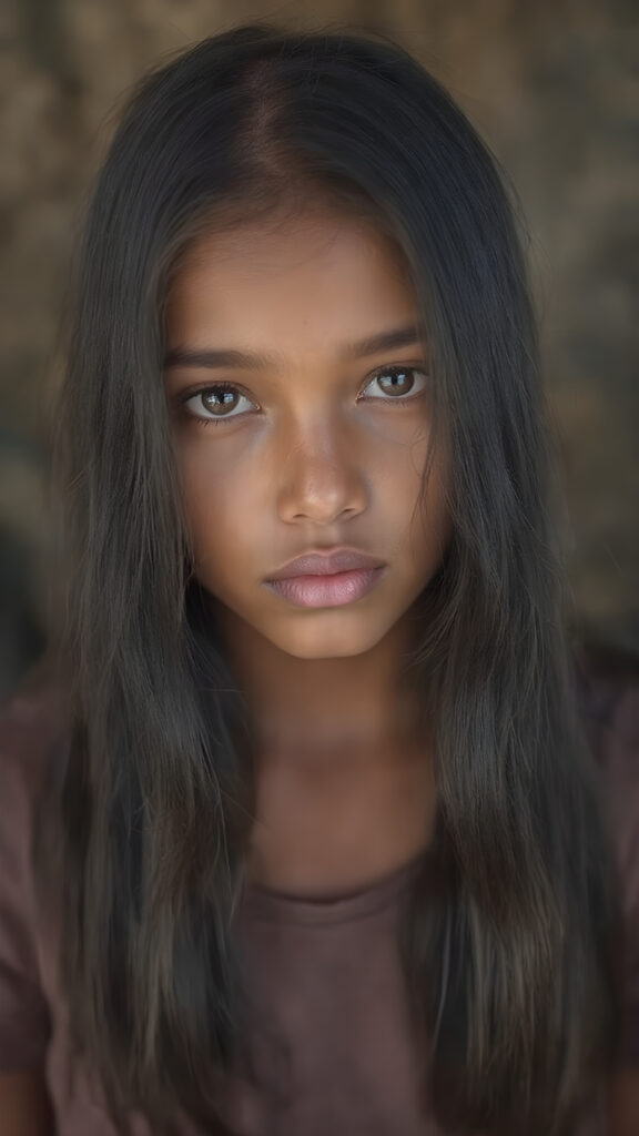 an indigenous young girl in a fantastic portrait, (super straight black long soft hair, she wears a thin T-shirt)