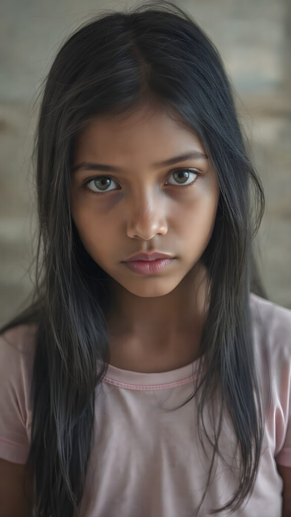 an indigenous young girl in a fantastic portrait, (super straight black long soft hair, she wears a thin T-shirt)
