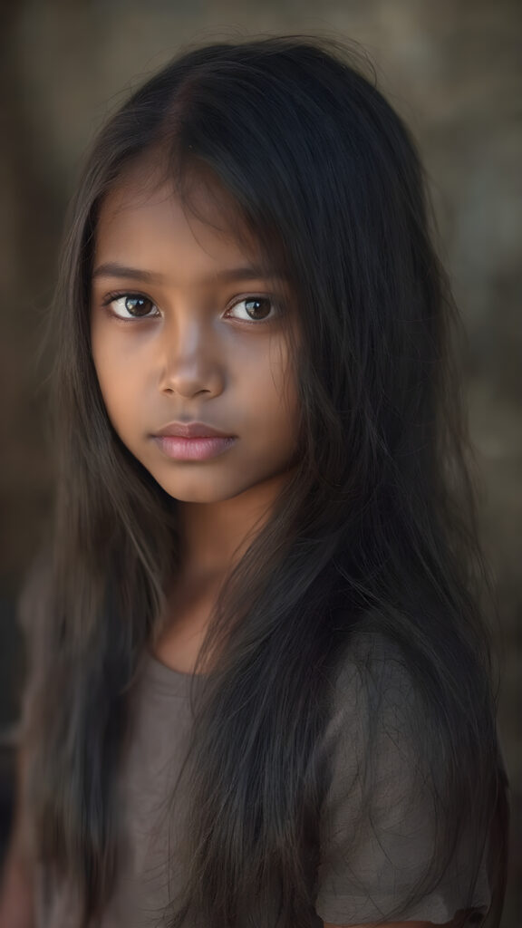 an indigenous young girl in a fantastic portrait, (super straight black long soft hair, she wears a thin T-shirt)