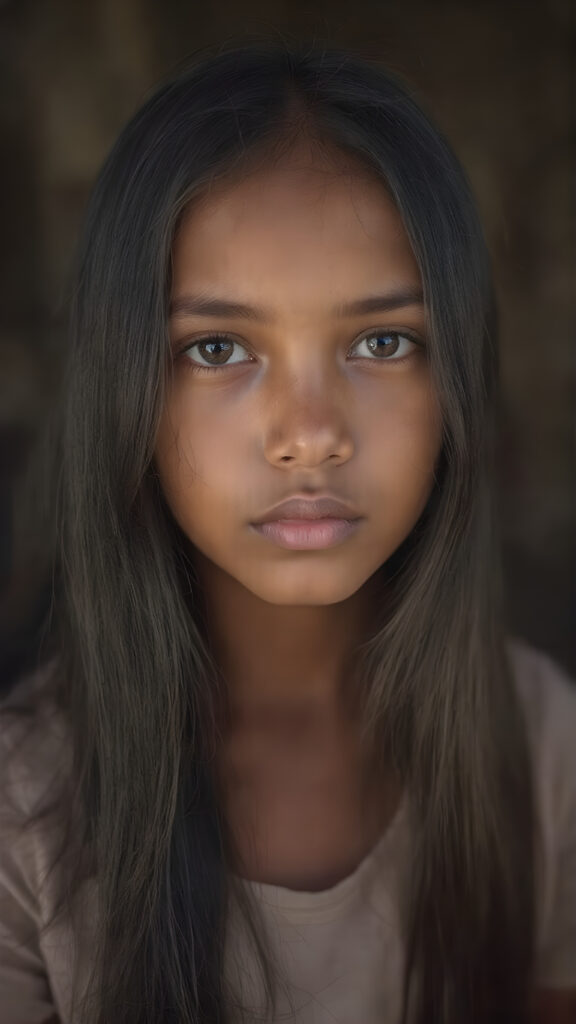 an indigenous young girl in a fantastic portrait, (super straight black long soft hair, she wears a thin T-shirt)