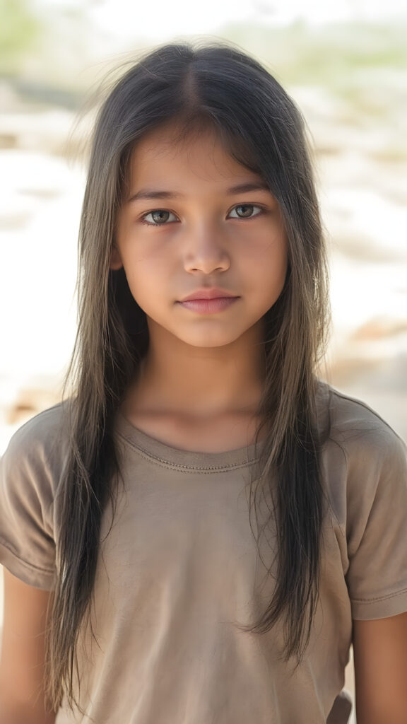 an indigenous young girl in a fantastic portrait, (super straight black long soft hair, she wears a thin T-shirt), all against a sunny backdrop