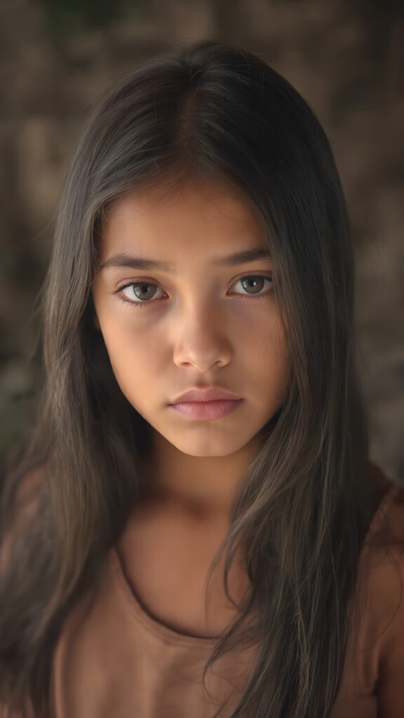 an indigenous young girl in a fantastic portrait, (super straight black long soft hair, she wears a thin T-shirt)