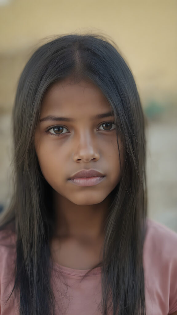 an indigenous young girl in a fantastic portrait, (super straight black long soft hair, she wears a thin T-shirt), all against a sunny backdrop