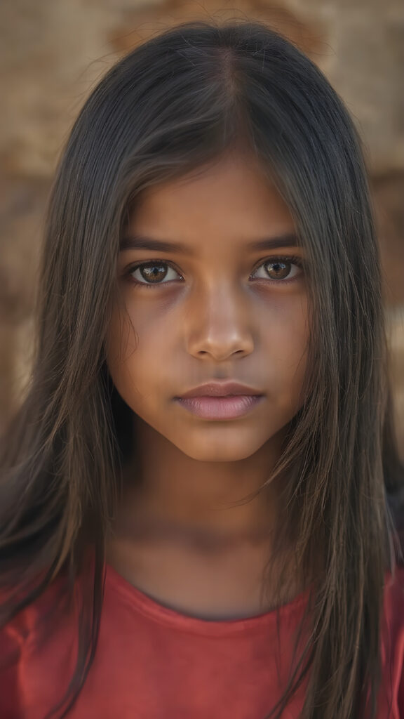 an indigenous young girl in a fantastic portrait, (super straight black long soft hair, she wears a thin T-shirt), all against a sunny backdrop