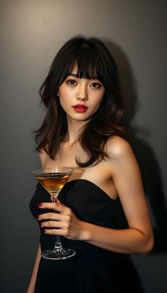 an innocent, young cute girlie, looks seductive, Korea Style Bangs, perfect female curved, thin dressed in a dark cocktail dress, ((very detailed, perfect shadows)) ((grey empty background)), straight slightly brown wavy hair with black highlights. She holds elegant a long drink in her hand.