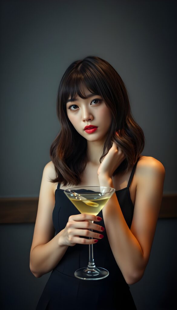 an innocent, young cute girlie, looks seductive, Korea Style Bangs, perfect female curved, thin dressed in a dark cocktail dress, ((very detailed, perfect shadows)) ((grey empty background)), straight slightly brown wavy hair with black highlights. She holds elegant a long drink in her hand.