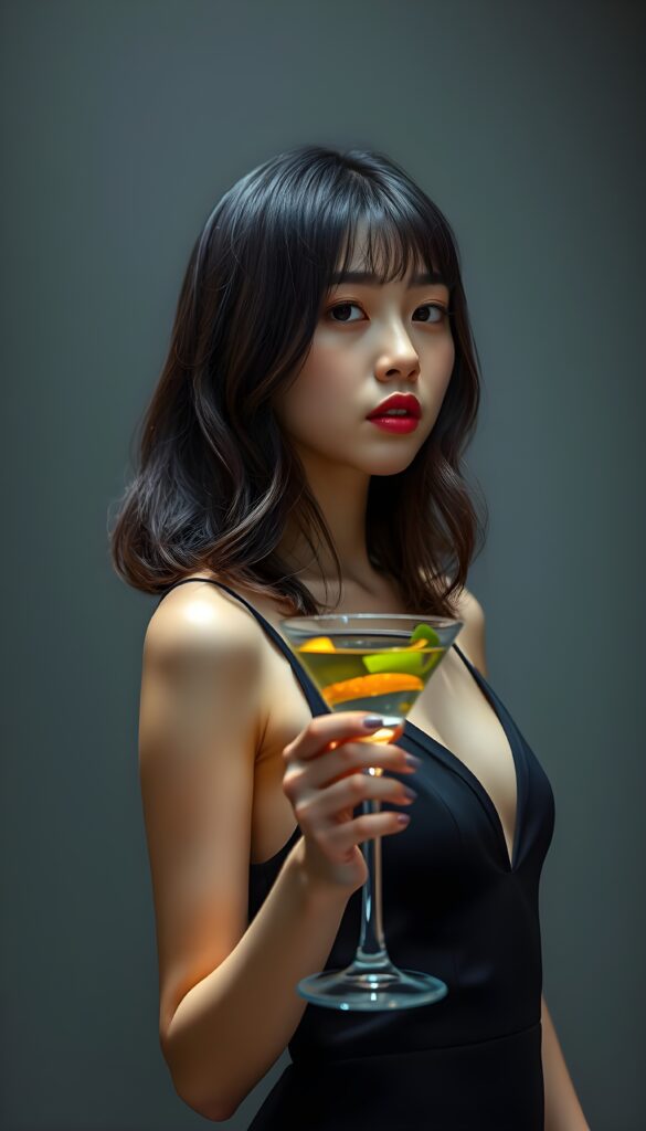 an innocent, young cute girlie, looks seductive, Korea Style Bangs, perfect female curved, thin dressed in a dark cocktail dress, ((very detailed, perfect shadows)) ((grey empty background)), straight slightly brown wavy hair with black highlights. She holds elegant a long drink in her hand.
