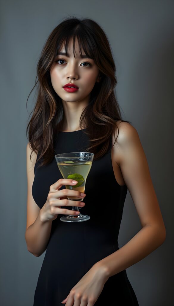 an innocent, young cute girlie, looks seductive, Korea Style Bangs, perfect female curved, thin dressed in a dark cocktail dress, ((very detailed, perfect shadows)) ((grey empty background)), straight slightly brown wavy hair with black highlights. She holds elegant a long drink in her hand.