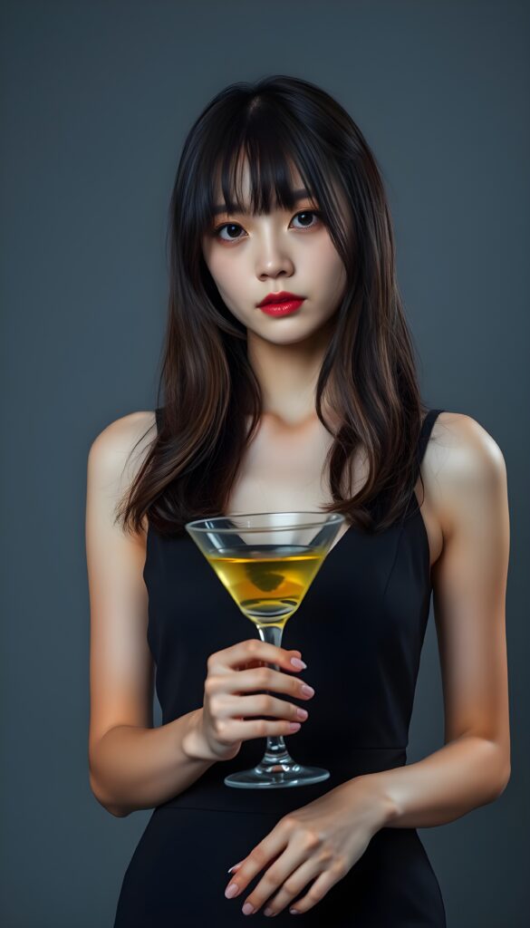 an innocent, young cute girlie, looks seductive, Korea Style Bangs, perfect female curved, thin dressed in a dark cocktail dress, ((very detailed, perfect shadows)) ((grey empty background)), straight slightly brown wavy hair with black highlights. She holds elegant a long drink in her hand.