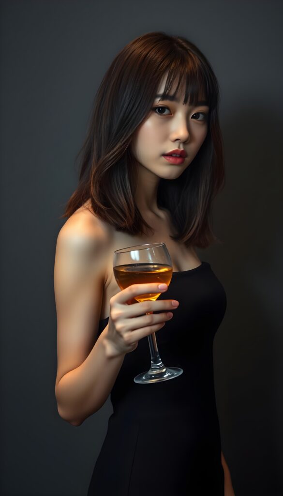 an innocent, young cute girlie, looks seductive, Korea Style Bangs, perfect female curved, thin dressed in a dark cocktail dress, ((very detailed, perfect shadows)) ((grey empty background)), straight slightly brown wavy hair with black highlights. She holds elegant a long drink in her hand.