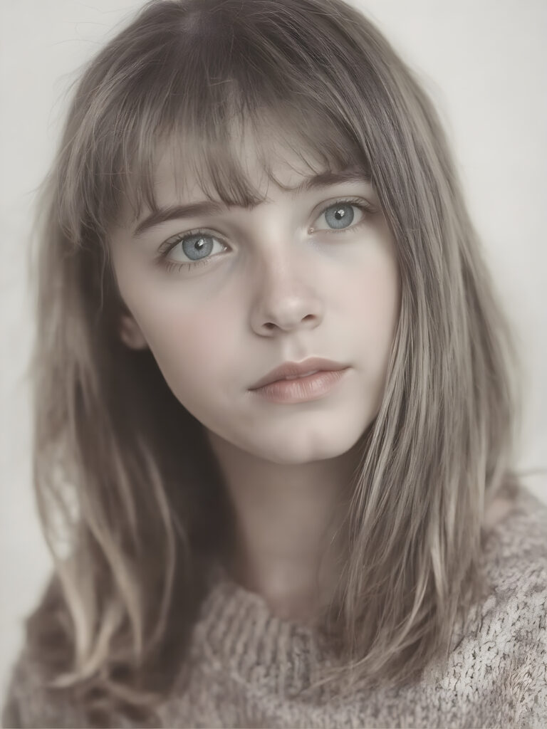 an old ((black and white close-up polaroid photo)), a breathtakingly realistic (((portrait))), capturing the essence of a youthful teen girl with a flawlessly proportioned upper body, long, straight soft hair, bangs cut, aged 15, wears a thin wool sweater, posed confidently before the viewer, ((a white canvas as a background)), ((side view))