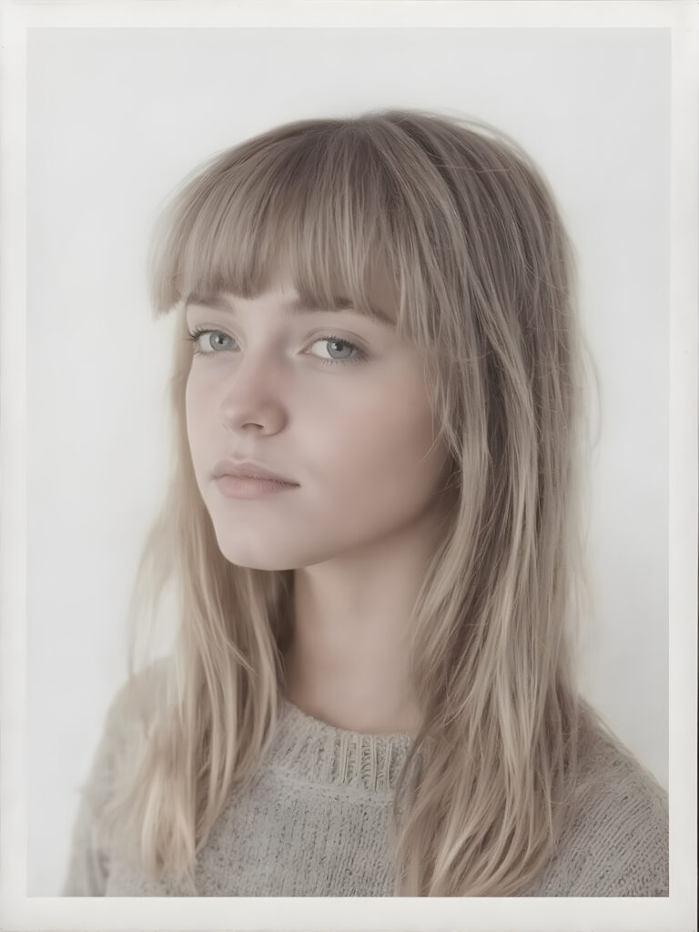 an old ((black and white close-up polaroid photo)), a breathtakingly realistic (((portrait))), capturing the essence of a youthful teen girl with a flawlessly proportioned upper body, long, straight soft hair, bangs cut, aged 15, wears a thin wool sweater, posed confidently before the viewer, ((a white canvas as a background)), ((side view))