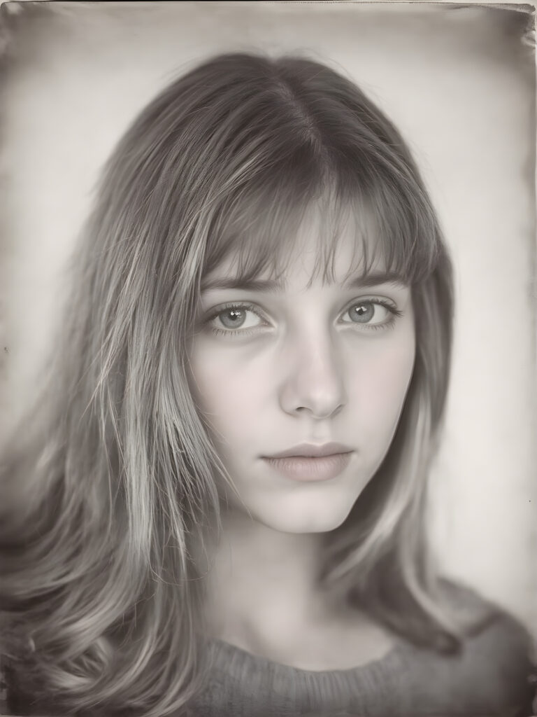 an old ((black and white close-up polaroid photo)), a breathtakingly realistic (((portrait))), capturing the essence of a youthful teen girl with a flawlessly proportioned upper body, long, straight soft hair, bangs cut, aged 15, wears a thin wool sweater, posed confidently before the viewer, ((a white canvas as a background)), ((side view))