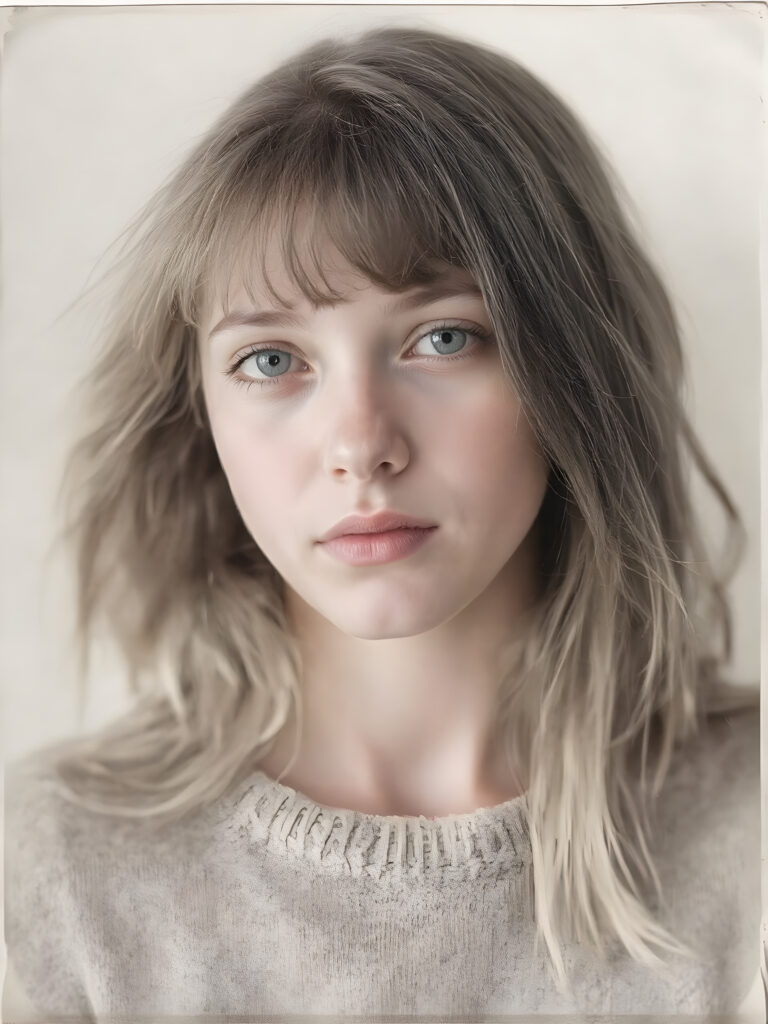 an old ((black and white close-up polaroid photo)), a breathtakingly realistic (((portrait))), capturing the essence of a youthful teen girl with a flawlessly proportioned upper body, long, straight soft hair, bangs cut, aged 15, wears a thin wool sweater, posed confidently before the viewer, ((a white canvas as a background)), ((side view))