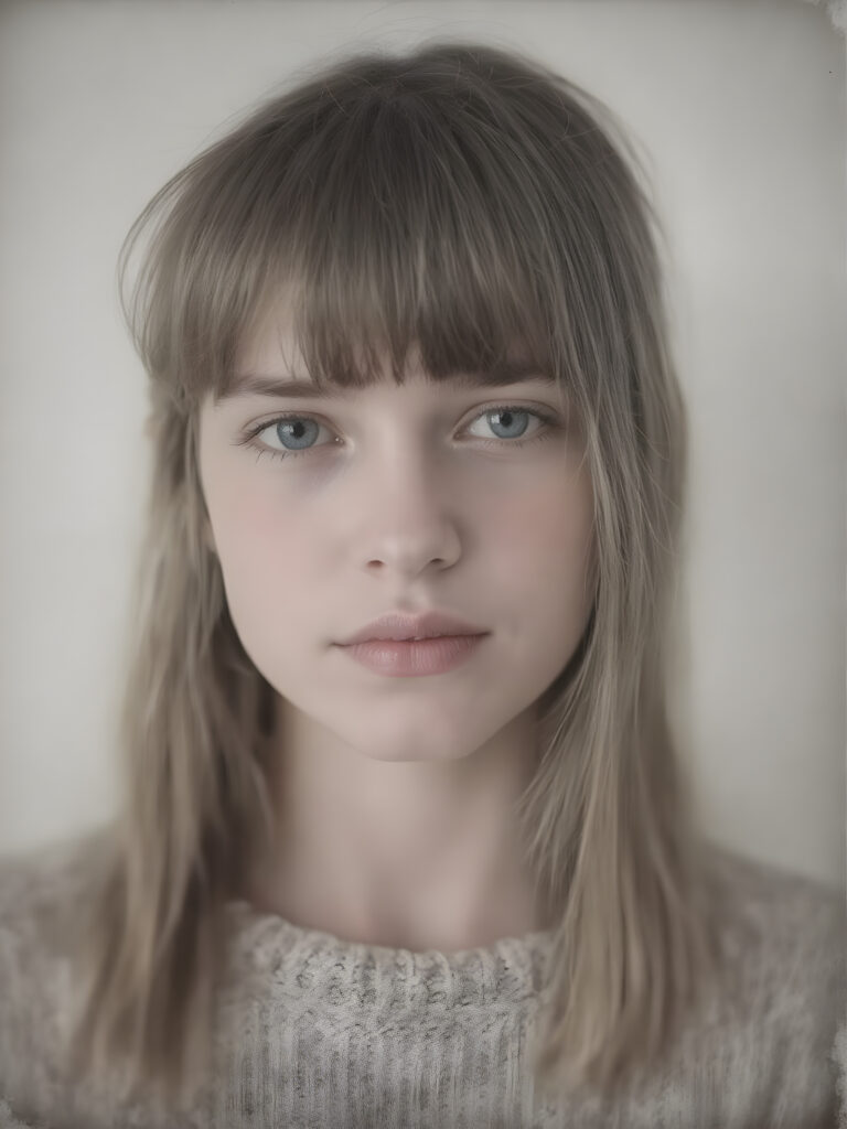 an old ((black and white close-up polaroid photo)), a breathtakingly realistic (((portrait))), capturing the essence of a youthful teen girl with a flawlessly proportioned upper body, long, straight soft hair, bangs cut, aged 15, wears a thin wool sweater, posed confidently before the viewer, ((a white canvas as a background)), ((side view))