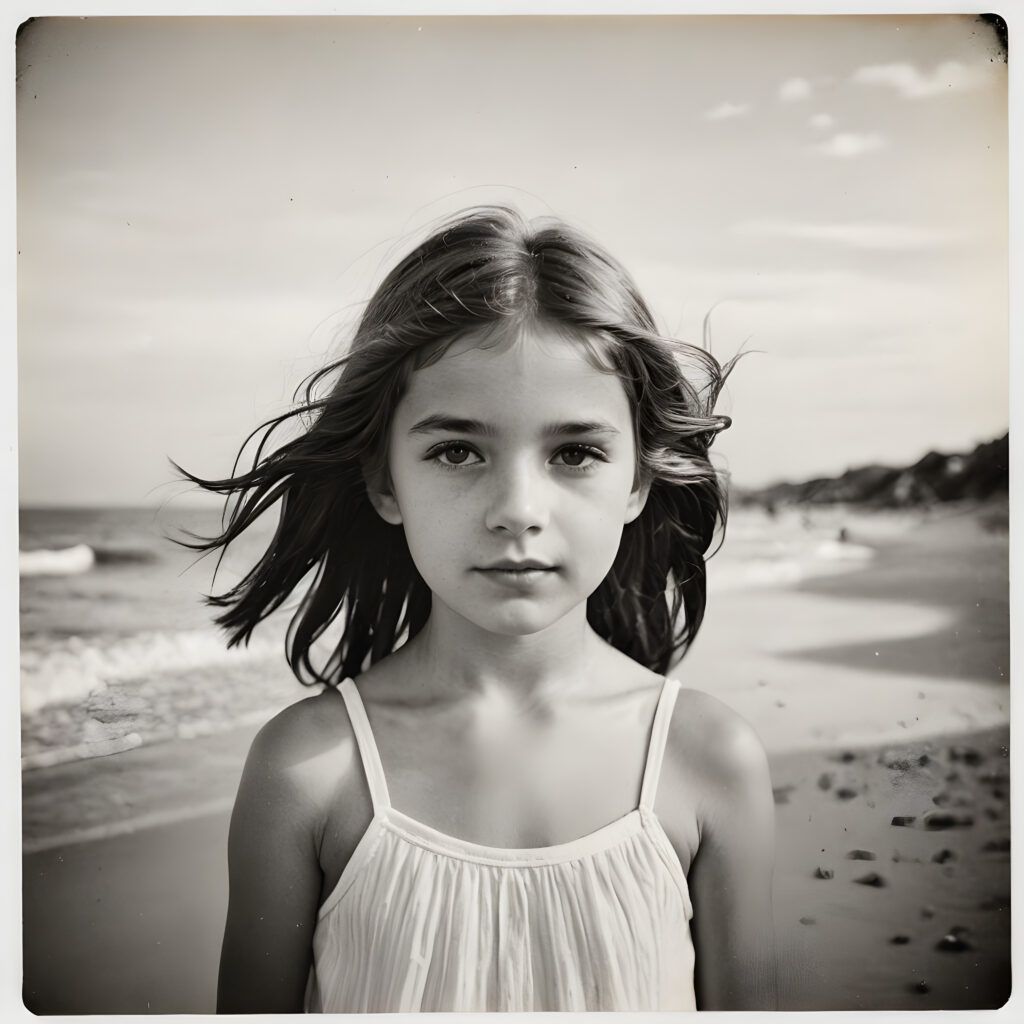 an old black and white photo, a breathtakingly realistic ((portrait)), a cute stunning young girl on beach