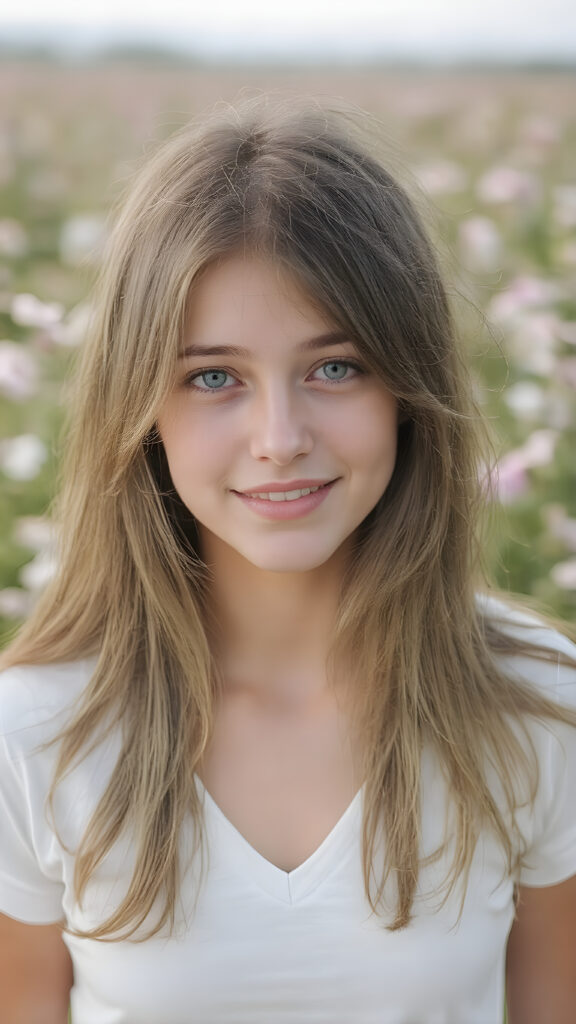(an ultra-realistic portrait) of a smiling natural teenage girl, half long, straight brown hair falls elegantly and gently over her upper body, perfect cut of equal right and left length, green eyes, light freckles, wearing a white lifted sport spaghetti tank top and deep v-neck, standing in a blooming flower field, soft natural sunlight, 4k, shallow depth of field
