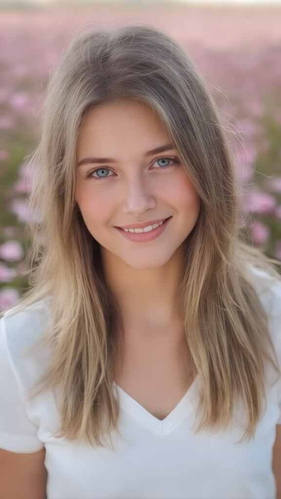 (an ultra-realistic portrait) of a smiling natural teenage girl, half long, straight brown hair falls elegantly and gently over her upper body, perfect cut of equal right and left length, green eyes, light freckles, wearing a white lifted sport spaghetti tank top and deep v-neck, standing in a blooming flower field, soft natural sunlight, 4k, shallow depth of field
