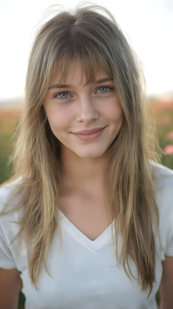 (an ultra-realistic portrait) of a smiling natural teenage girl, half long, straight brown hair falls elegantly and gently over her upper body, perfect cut of equal right and left length, green eyes, light freckles, wearing a white lifted sport spaghetti tank top and deep v-neck, standing in a blooming flower field, soft natural sunlight, 4k, shallow depth of field