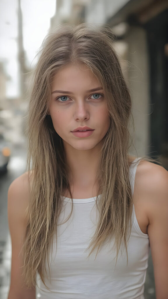 an ultra realistic hyper-detail photograph capturing a (((very cute adult pretty well busty teen girl))) with pale skin and (((brown hair))), standing alone on a street. Her hair is long, soft, and straight, with natural white streaks. She is wearing a (light white tank top) that clings to her body like a second skin, accentuating her (skinny figure). Her face is bright and open, with (natural looking eyes) that match her tresses in color and texture. The overall image is (ethereal and beautiful), with the light refracting off her skin and hair, creating a magical, natural-looking atmosphere.