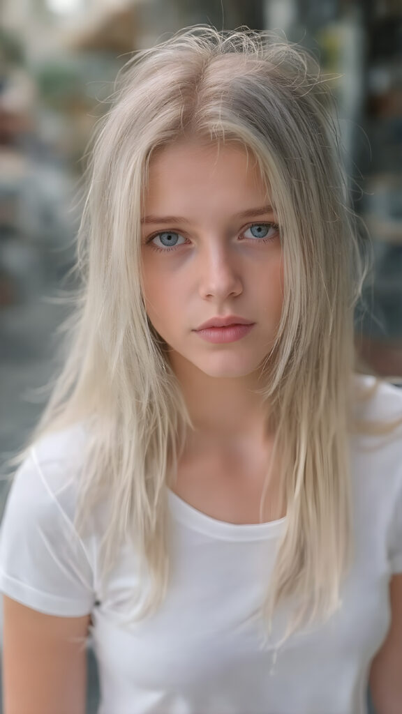 an ultra realistic hyper-detail photograph capturing a (((very cute adult teen girl))) with pale skin and (((white wet hair))), standing alone on a street in the rain. Her hair is long, soft, and straight, with natural white streaks. She is wearing a (white t-shirt) that clings to her body like a second skin, accentuating her (skinny figure). Her face is bright and open, with (natural looking eyes) that match her tresses in color and texture. The overall image is (ethereal and beautiful), with the light refracting off her wet skin and hair, creating a magical, natural-looking atmosphere.