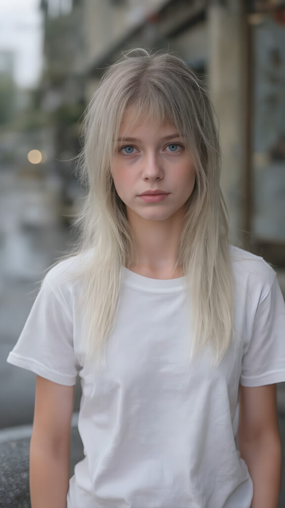 an ultra realistic hyper-detail photograph capturing a (((very cute adult teen girl))) with pale skin and (((white hair))), standing alone on a street in the rain. Her hair is long, soft, and straight, with natural white streaks. She is wearing a (white t-shirt) that clings to her body like a second skin, accentuating her (skinny figure). Her face is bright and open, with (natural looking eyes) that match her tresses in color and texture. The overall image is (ethereal and beautiful), with the light refracting off her wet skin and hair, creating a magical, natural-looking atmosphere.