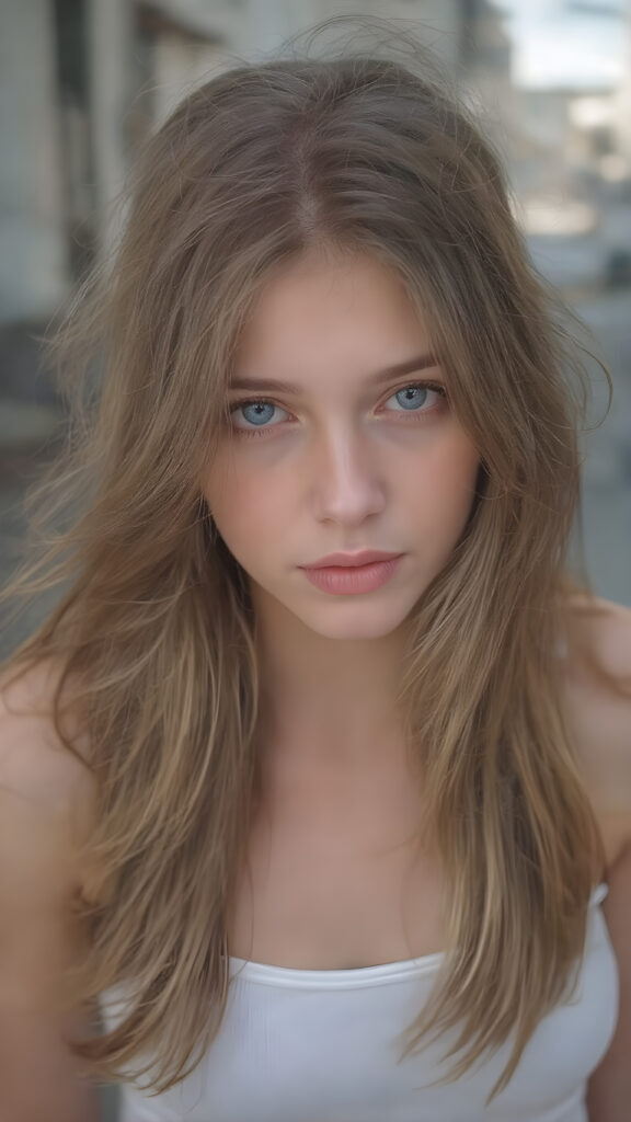 an ultra realistic hyper-detail photograph capturing a (((very cute adult pretty well busty teen girl))) with pale skin and (((brown hair))), standing alone on a street. Her hair is long, soft, and straight, with natural white streaks. She is wearing a (light white tank top) that clings to her body like a second skin, accentuating her (skinny figure). Her face is bright and open, with (natural looking eyes) that match her tresses in color and texture. The overall image is (ethereal and beautiful), with the light refracting off her skin and hair, creating a magical, natural-looking atmosphere.