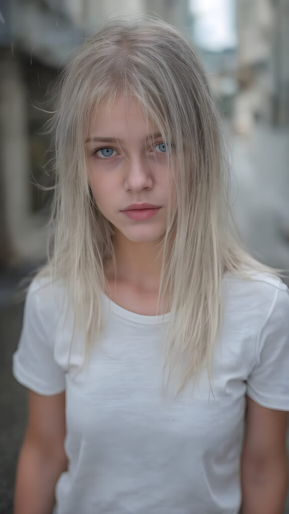 an ultra realistic hyper-detail photograph capturing a (((very cute adult teen girl))) with pale skin and (((white wet hair))), standing alone on a street in the rain. Her hair is long, soft, and straight, with natural white streaks. She is wearing a (white t-shirt) that clings to her body like a second skin, accentuating her (skinny figure). Her face is bright and open, with (natural looking eyes) that match her tresses in color and texture. The overall image is (ethereal and beautiful), with the light refracting off her wet skin and hair, creating a magical, natural-looking atmosphere.