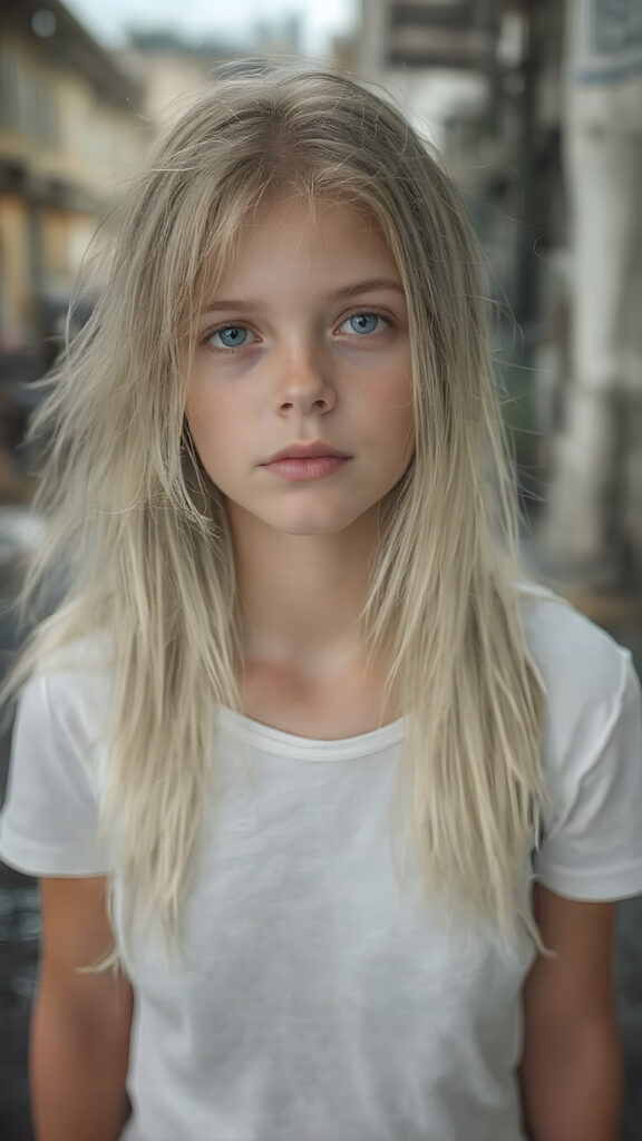 an ultra realistic hyper-detail photograph capturing a (((very cute adult teen girl))) with pale skin and (((white hair))), standing alone on a street in the rain. Her hair is long, soft, and straight, with natural white streaks. She is wearing a (white t-shirt) that clings to her body like a second skin, accentuating her (skinny figure). Her face is bright and open, with (natural looking eyes) that match her tresses in color and texture. The overall image is (ethereal and beautiful), with the light refracting off her wet skin and hair, creating a magical, natural-looking atmosphere.