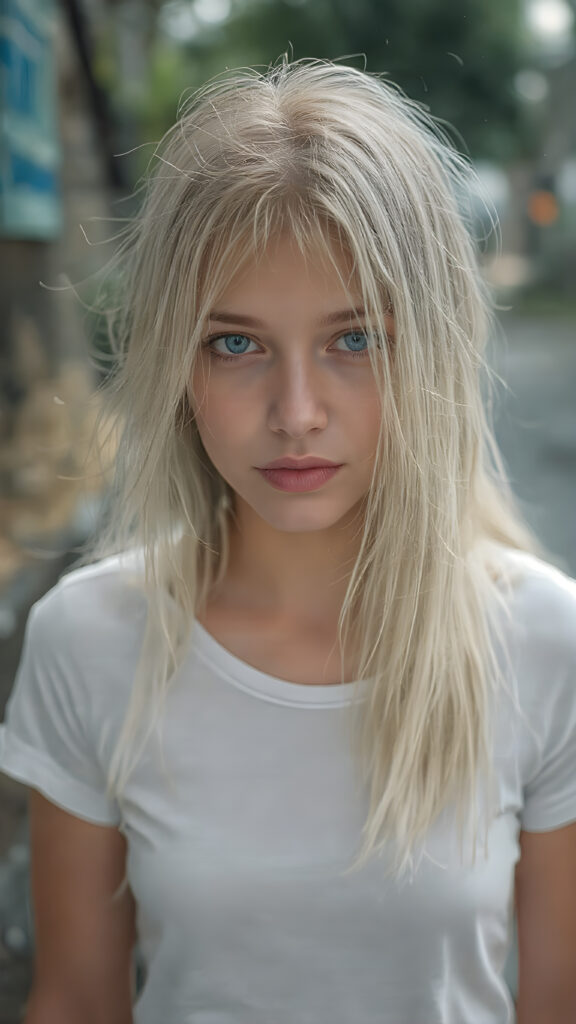 an ultra realistic hyper-detail photograph capturing a (((very cute adult teen girl))) with pale skin and (((white hair))), standing alone on a street in the rain. Her hair is long, soft, and straight, with natural white streaks. She is wearing a (white t-shirt) that clings to her body like a second skin, accentuating her (skinny figure). Her face is bright and open, with (natural looking eyes) that match her tresses in color and texture. The overall image is (ethereal and beautiful), with the light refracting off her wet skin and hair, creating a magical, natural-looking atmosphere.