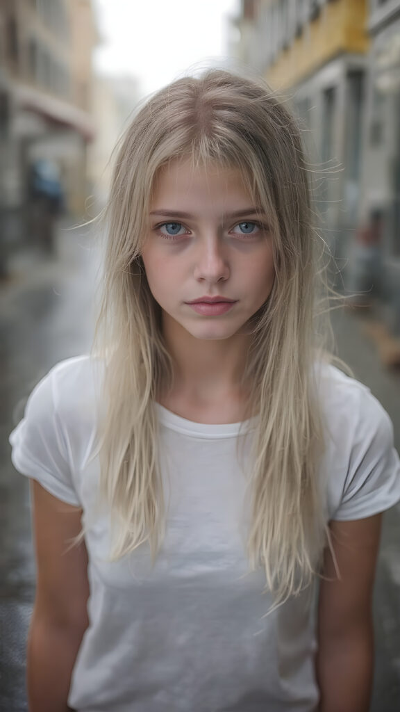 an ultra realistic hyper-detail photograph capturing a (((very cute adult teen girl))) with pale skin and (((white wet hair))), standing alone on a street in the rain. Her hair is long, soft, and straight, with natural white streaks. She is wearing a (white t-shirt) that clings to her body like a second skin, accentuating her (skinny figure). Her face is bright and open, with (natural looking eyes) that match her tresses in color and texture. The overall image is (ethereal and beautiful), with the light refracting off her wet skin and hair, creating a magical, natural-looking atmosphere.