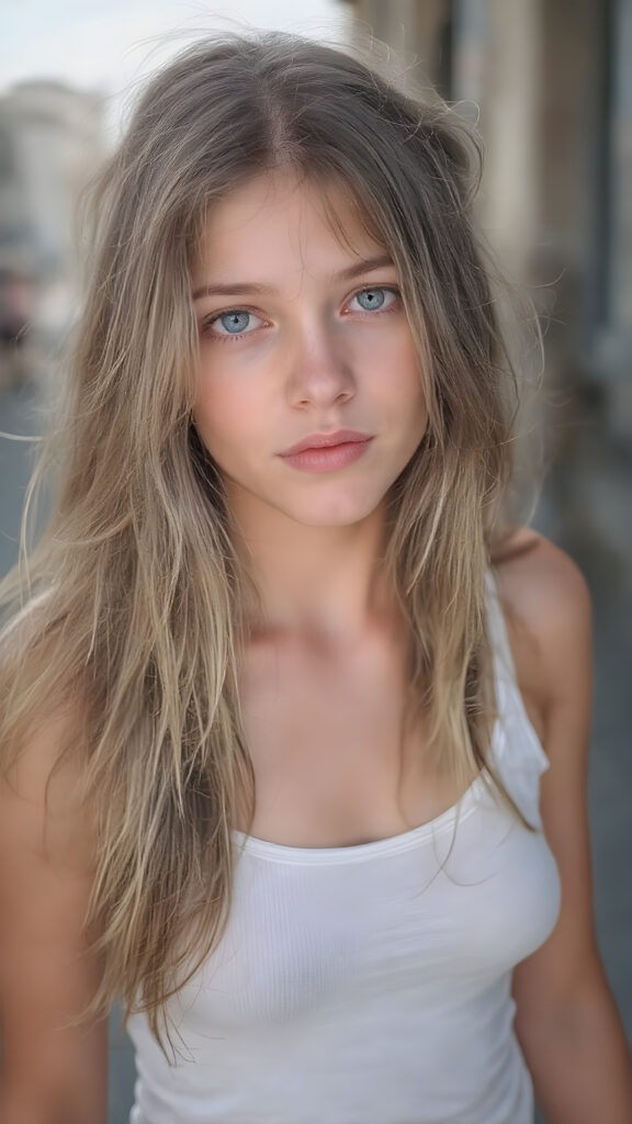 an ultra realistic hyper-detail photograph capturing a (((very cute adult pretty well busty teen girl))) with pale skin and (((brown hair))), standing alone on a street. Her hair is long, soft, and straight, with natural white streaks. She is wearing a (light white tank top) that clings to her body like a second skin, accentuating her (skinny figure). Her face is bright and open, with (natural looking eyes) that match her tresses in color and texture. The overall image is (ethereal and beautiful), with the light refracting off her skin and hair, creating a magical, natural-looking atmosphere.