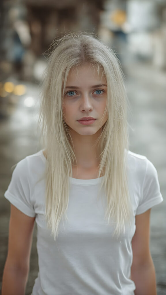 an ultra realistic hyper-detail photograph capturing a (((very cute adult teen girl))) with pale skin and (((white hair))), standing alone on a street in the rain. Her hair is long, soft, and straight, with natural white streaks. She is wearing a (white t-shirt) that clings to her body like a second skin, accentuating her (skinny figure). Her face is bright and open, with (natural looking eyes) that match her tresses in color and texture. The overall image is (ethereal and beautiful), with the light refracting off her wet skin and hair, creating a magical, natural-looking atmosphere.
