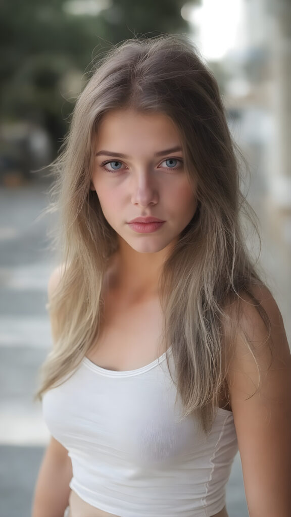 an ultra realistic hyper-detail photograph capturing a (((very cute adult pretty well busty teen girl))) with pale skin and (((brown hair))), standing alone on a street. Her hair is long, soft, and straight, with natural white streaks. She is wearing a (light white tank top) that clings to her body like a second skin, accentuating her (skinny figure). Her face is bright and open, with (natural looking eyes) that match her tresses in color and texture. The overall image is (ethereal and beautiful), with the light refracting off her skin and hair, creating a magical, natural-looking atmosphere.