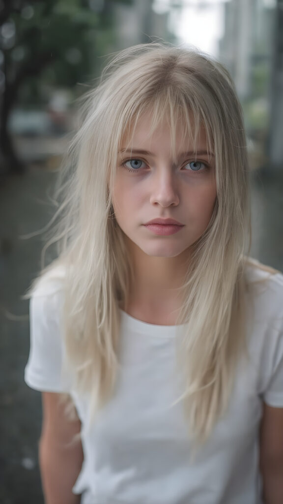 an ultra realistic hyper-detail photograph capturing a (((very cute adult teen girl))) with pale skin and (((white hair))), standing alone on a street in the rain. Her hair is long, soft, and straight, with natural white streaks. She is wearing a (white t-shirt) that clings to her body like a second skin, accentuating her (skinny figure). Her face is bright and open, with (natural looking eyes) that match her tresses in color and texture. The overall image is (ethereal and beautiful), with the light refracting off her wet skin and hair, creating a magical, natural-looking atmosphere.